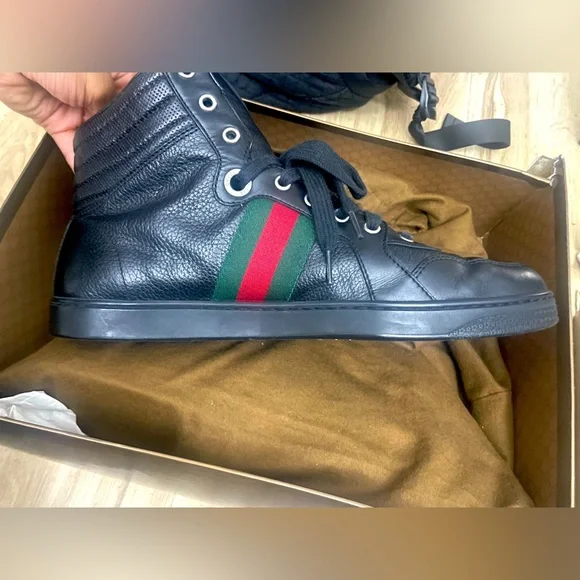 Gucci | Shoes | Gucci Leather Web High Black Sneakers With  display picture 1